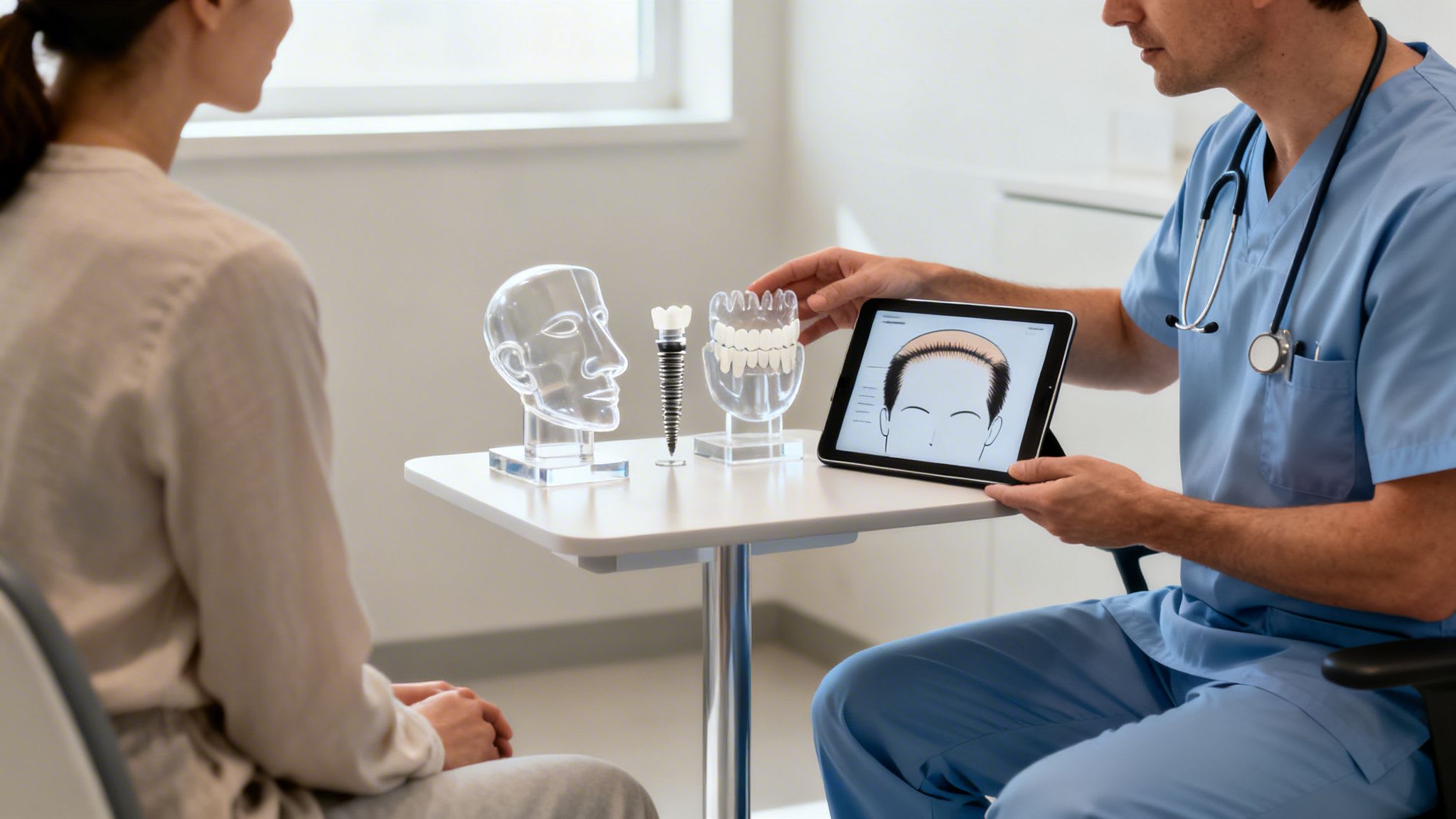 Doctor discusses hair transplant options and dental care models with a patient.