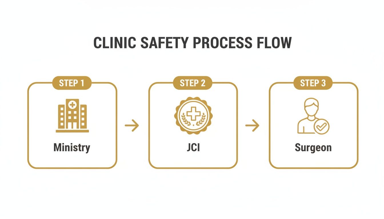 Flowchart showing the clinic safety process flow from Ministry to JCI and Surgeon approval.