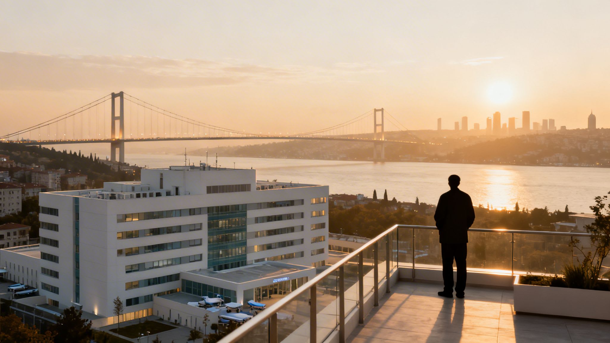 A man observes the Bosphorus Bridge and Istanbul skyline from a modern building's terrace during sunset.