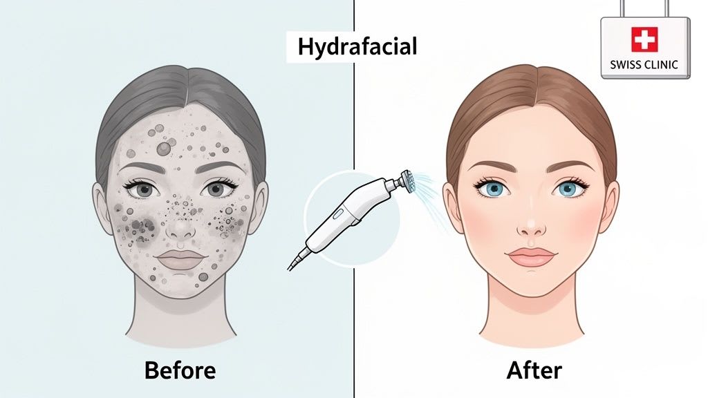 Before and after comparison of a woman's face showing skin improvement after a Hydrafacial treatment.