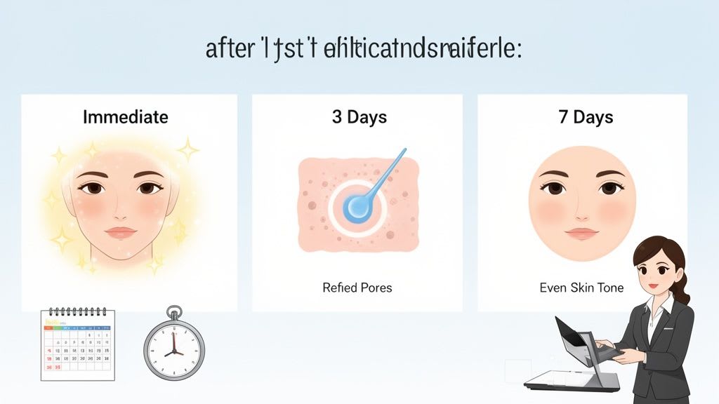 Infographic showing immediate, 3-day (refined pores), and 7-day (even skin tone) results of a facial treatment.