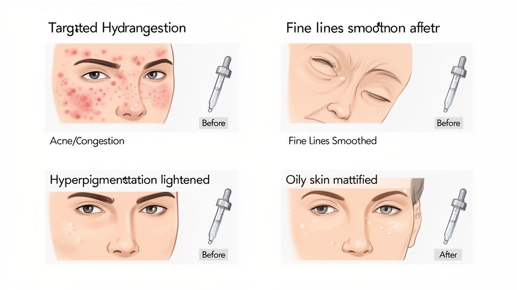 Four panels show skin concerns: acne, fine lines, hyperpigmentation, and oily skin with a dropper.