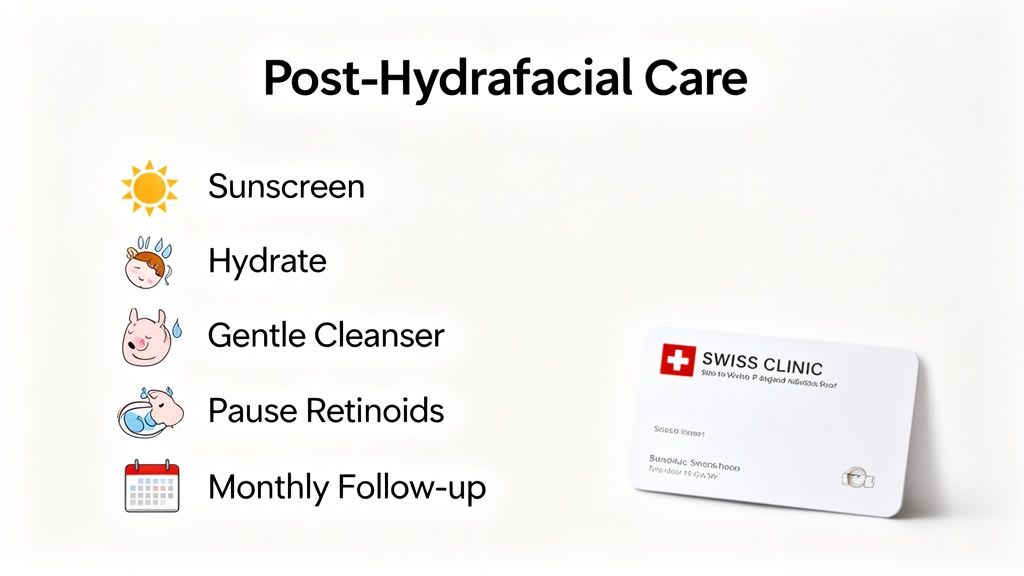 A white graphic detailing five post-Hydrafacial care steps with icons and text, plus a 'Swiss Clinic' card.
