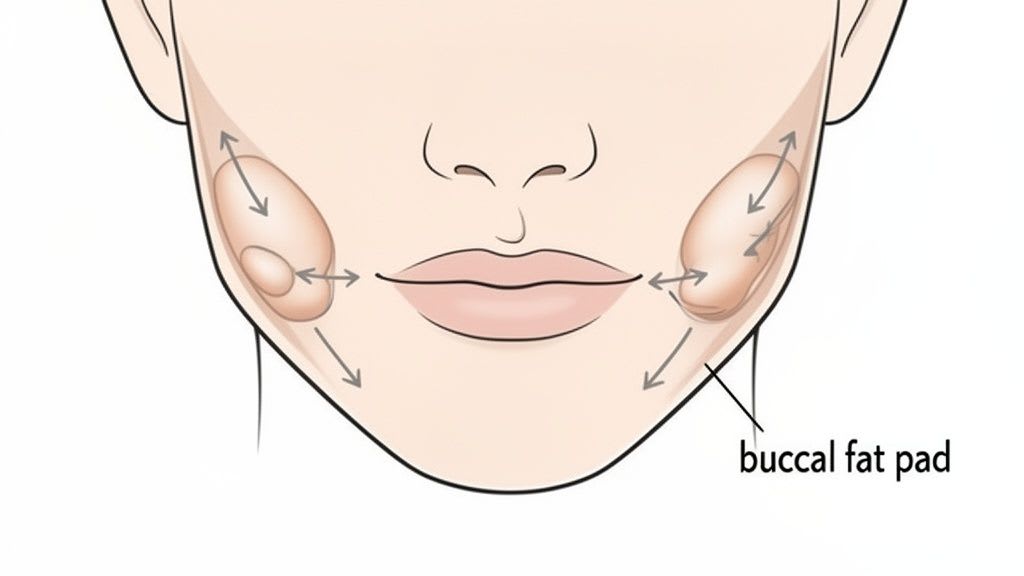 Un diagramma anatomico che illustra la posizione e le caratteristiche dei cuscinetti di grasso buccale nel viso umano.