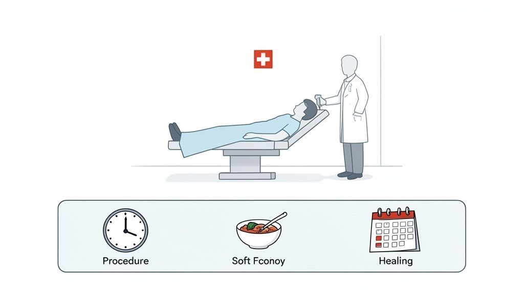 Un'illustrazione che mostra un paziente sottoposto a una procedura medica, seguito da una dieta a base di cibi morbidi e guarigione.