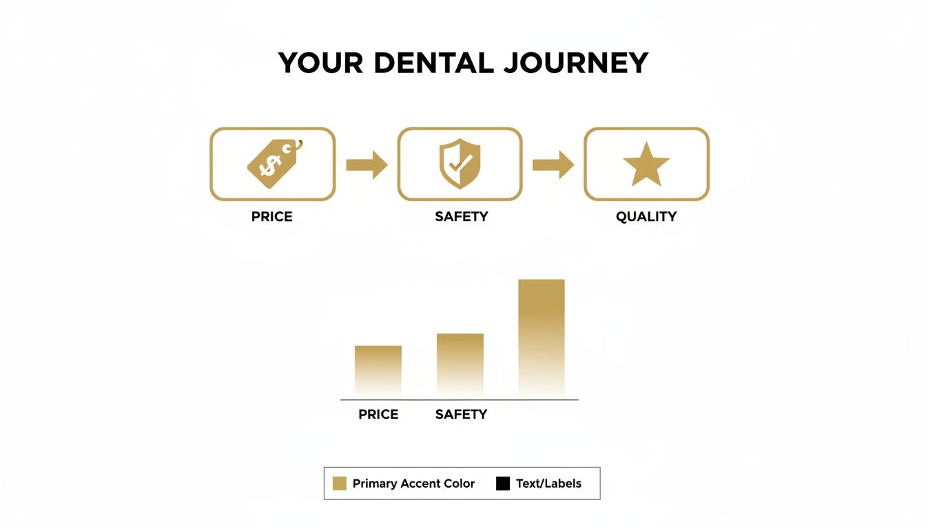 Infographic outlining a dental journey, prioritizing price, then safety, and ultimately quality.