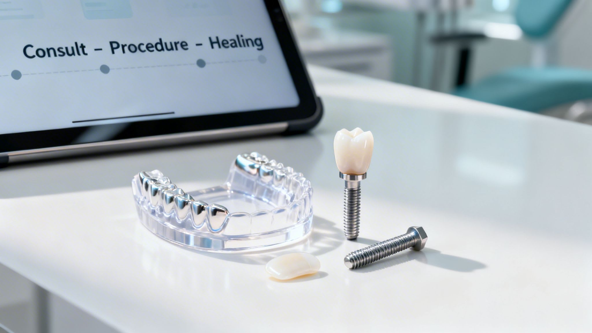 Dental implant components, including models, a screw-in crown, and a tablet showing 'Consult - Procedure - Healing' steps.