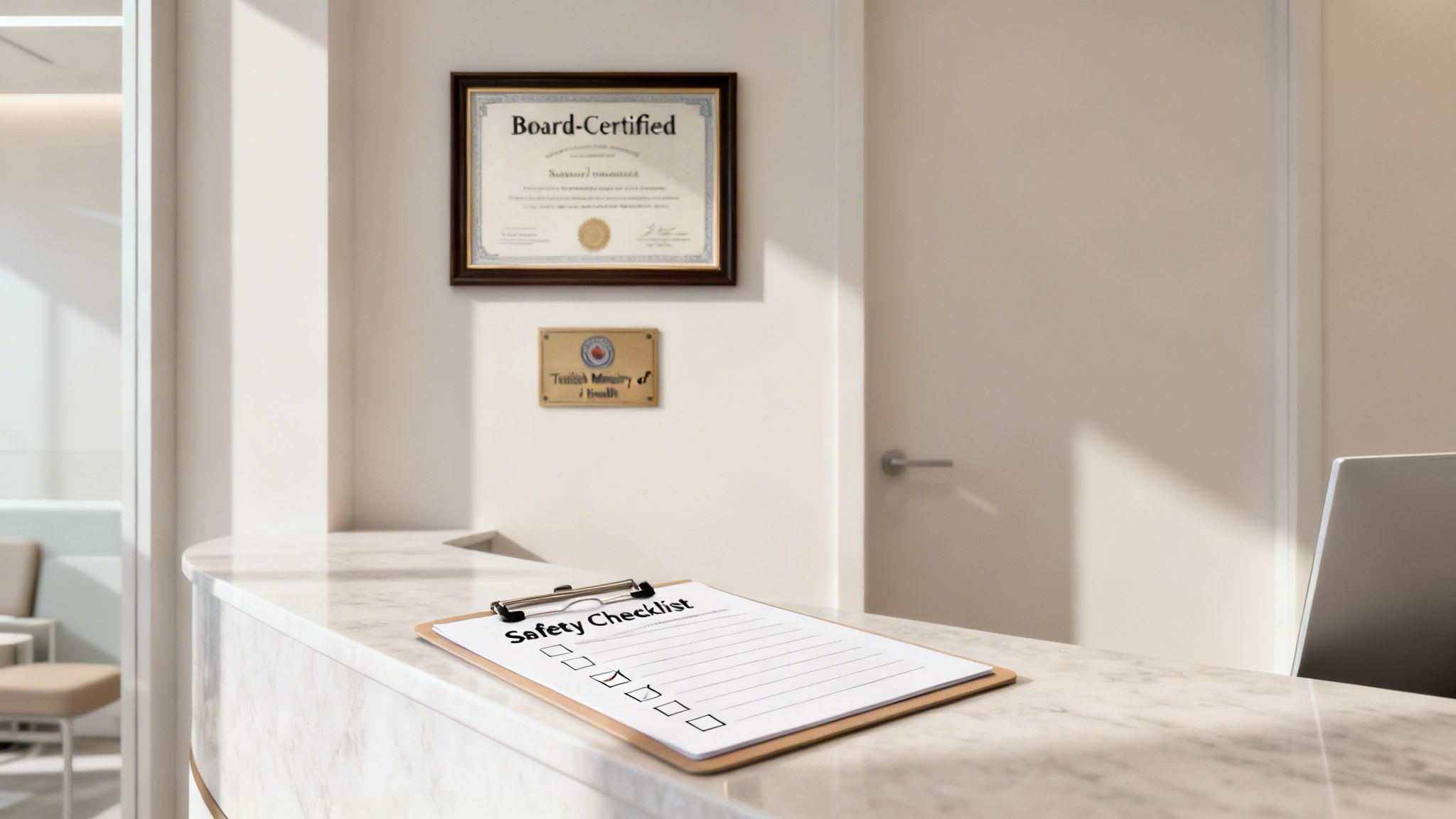 A modern dental clinic reception area featuring a marble counter, certifications, and a safety checklist.