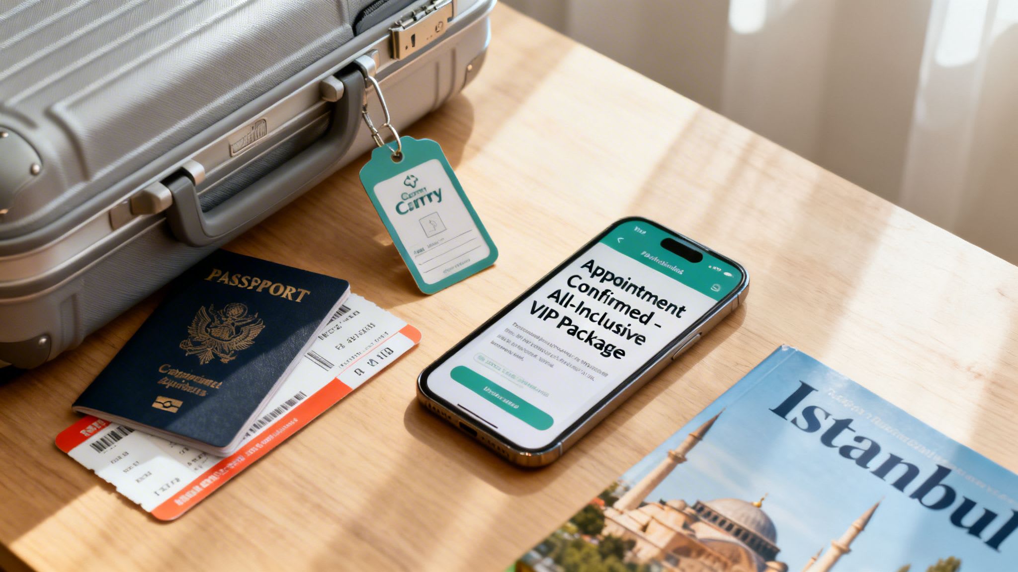 A suitcase, passport, boarding passes, and smartphone showing a confirmed dental travel package to Istanbul.