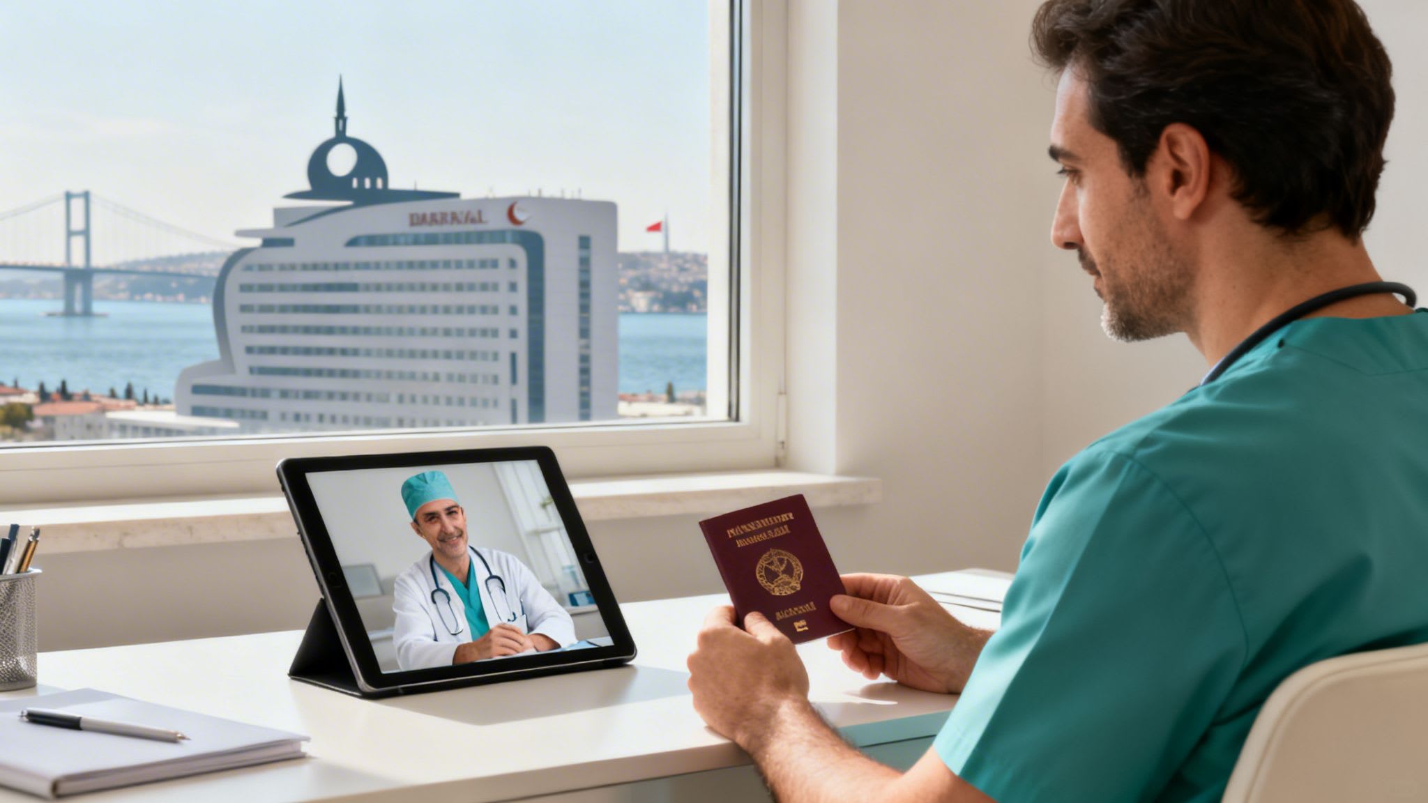 A doctor holds a passport during a video call with another doctor, overlooking Istanbul.