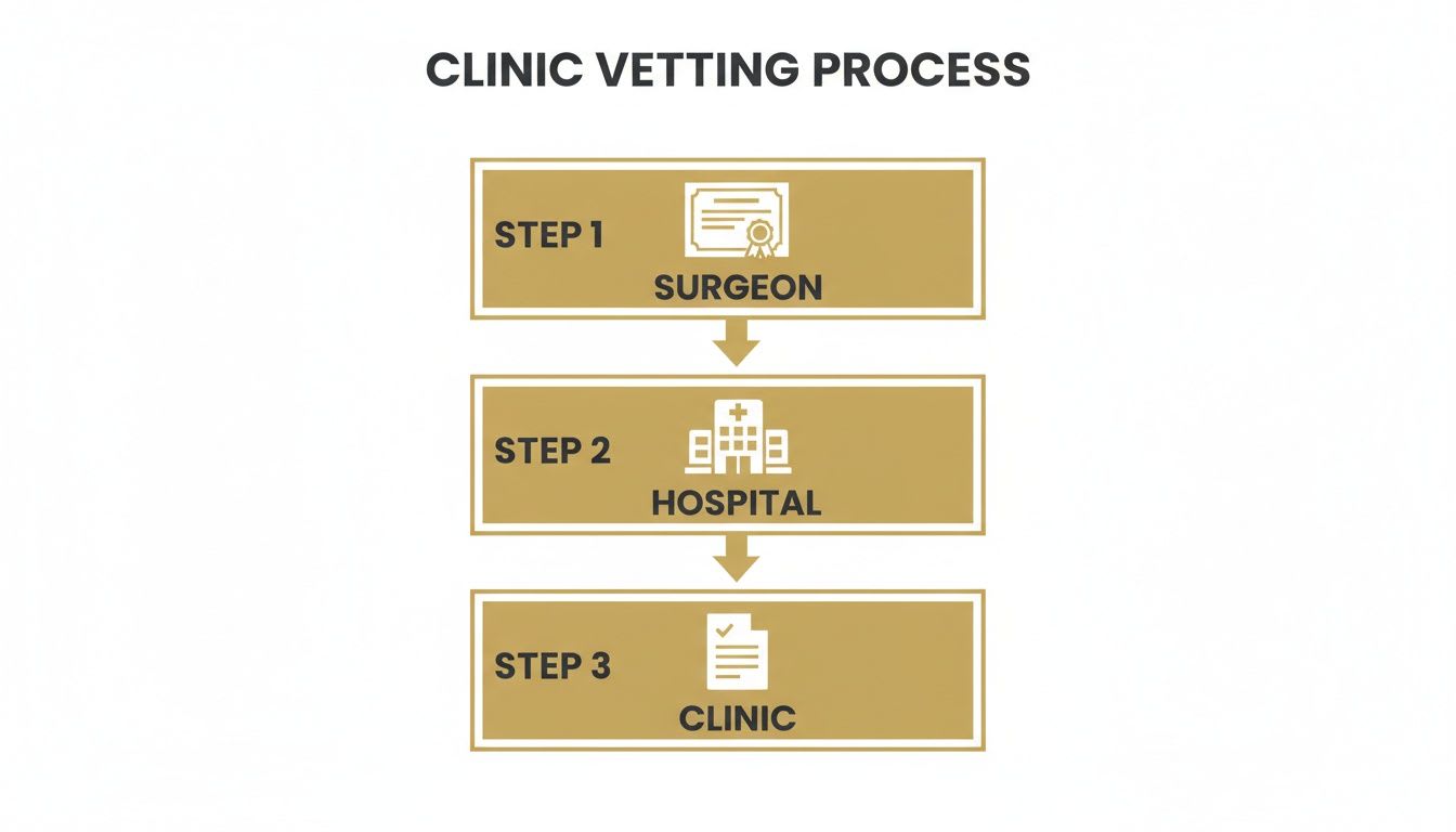 Three-step clinic vetting process flowchart, covering surgeon, hospital, and clinic evaluation.