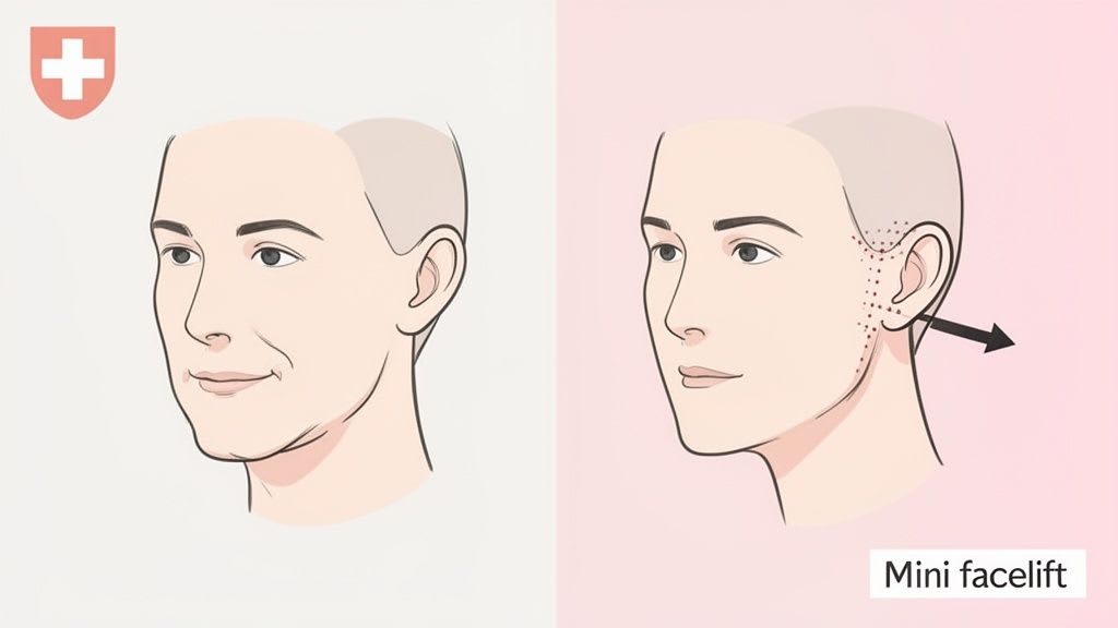 Un'illustrazione che confronta un viso prima e dopo una procedura di mini lifting facciale, mostrando il rassodamento della pelle.