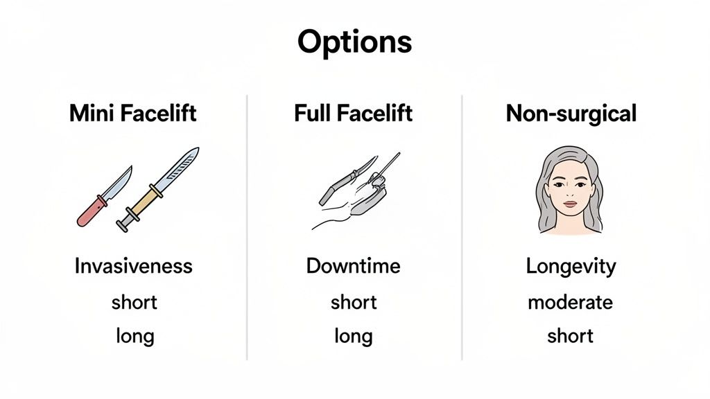 Diagramma che confronta Mini Lifting Facciale, Lifting Facciale Completo e Opzioni Non Chirurgiche, dettagliando invasività, tempo di inattività e longevità.