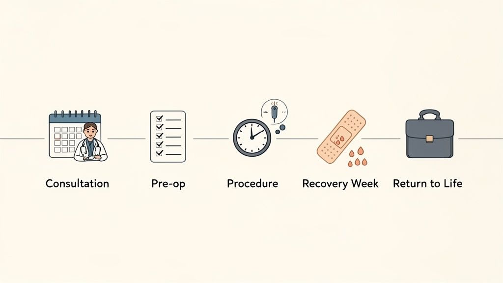 Un viaggio chirurgico illustrato in cinque fasi, mostrando consultazione, pre-operatorio, procedura, settimana di recupero e ritorno alla vita.
