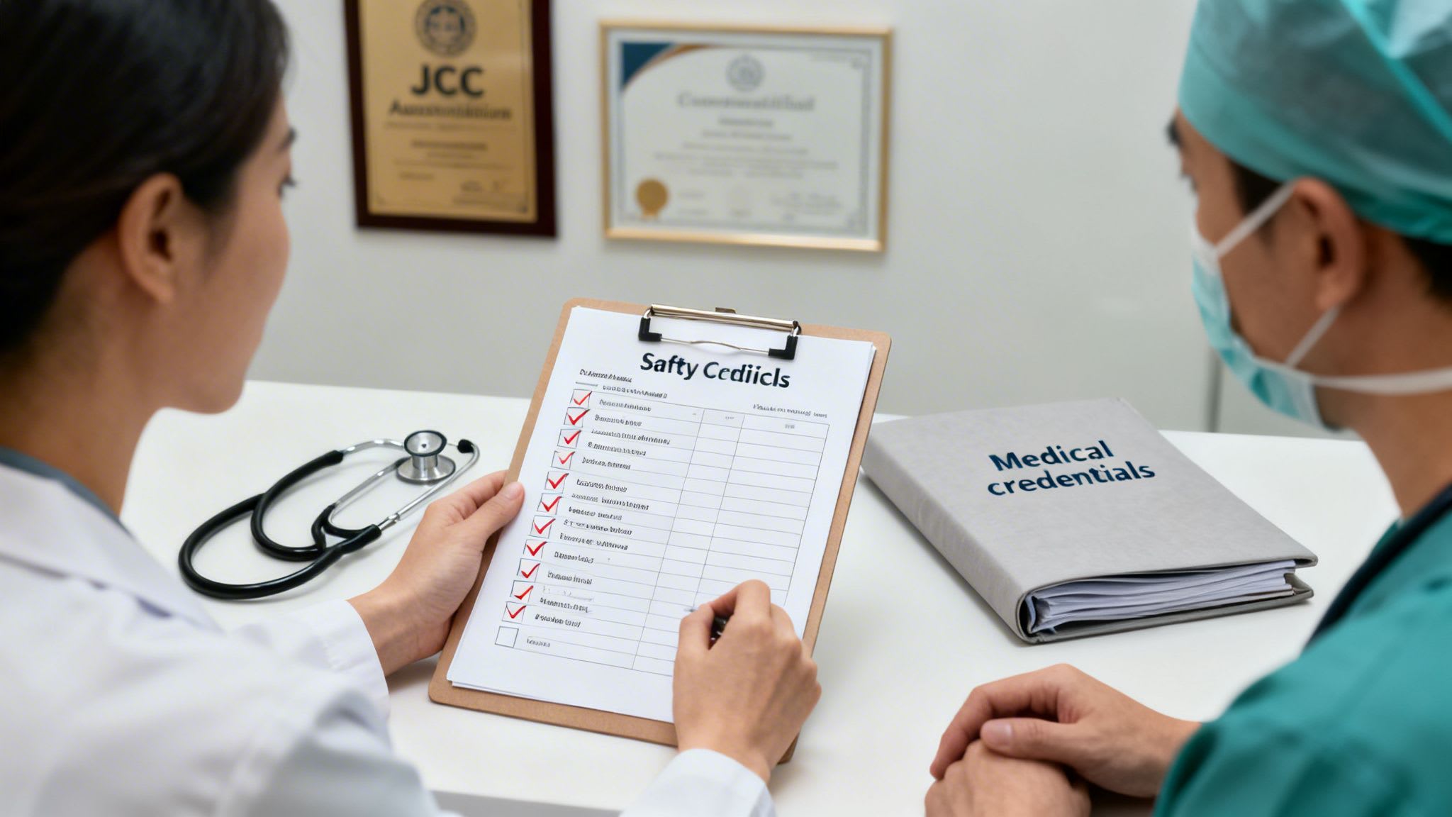 Two medical professionals, a doctor and a surgeon, review a safety checklist and medical credentials.