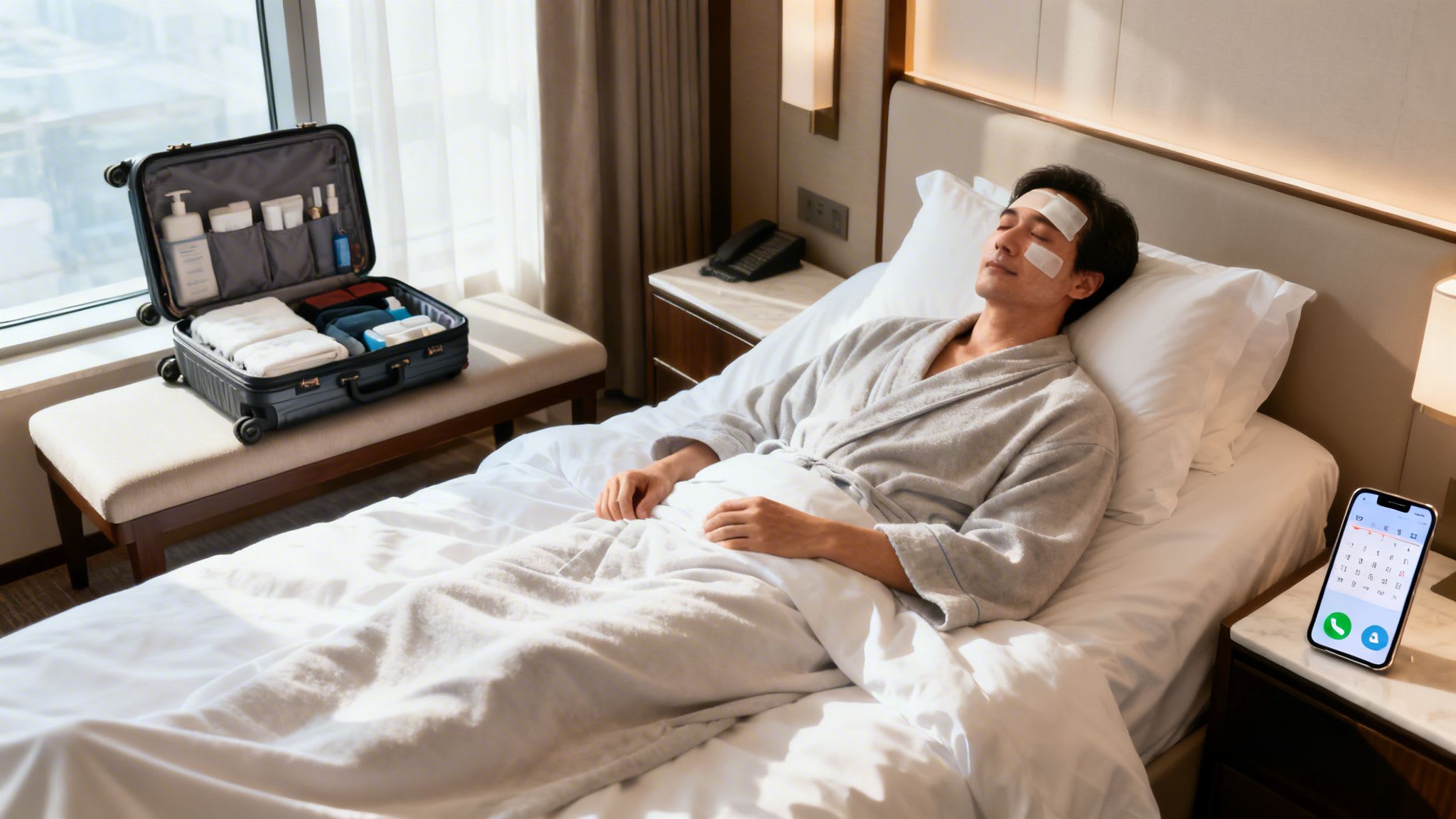 A man with patches on his forehead rests in a hotel bed, a phone ringing nearby.