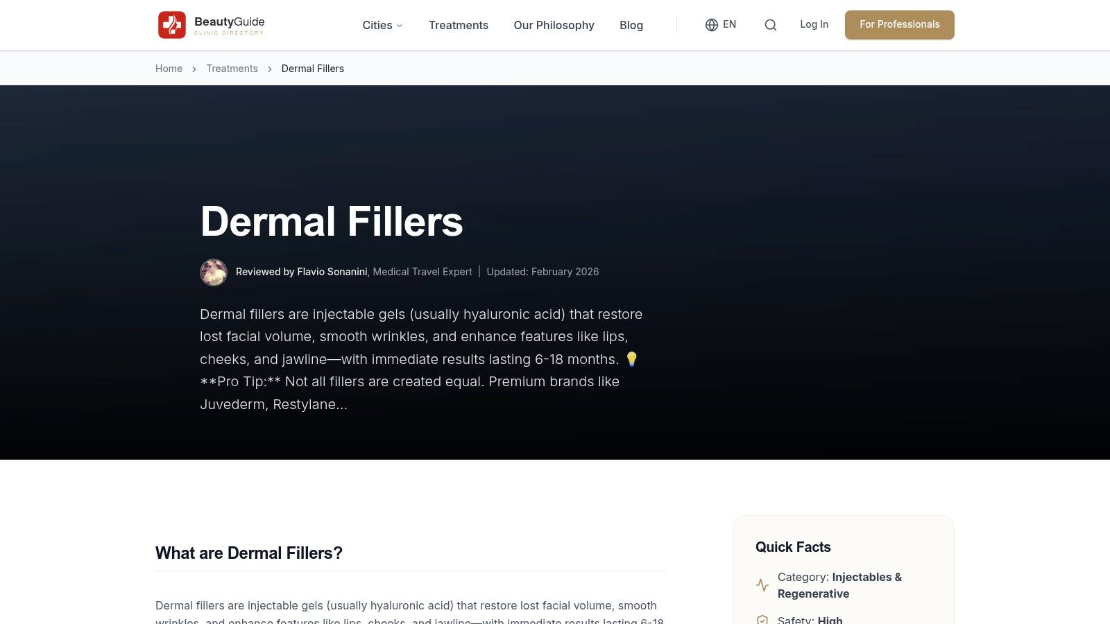 A screenshot of the Dermal Fillers guide on BeautyGuide.ch, showing educational content and a directory of verified Swiss clinics.