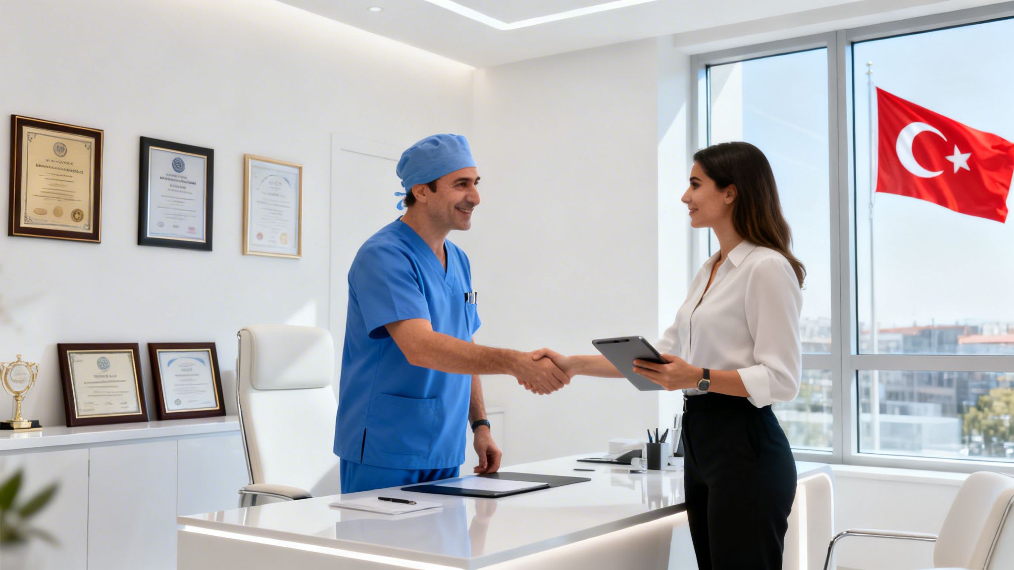 A smiling doctor in scrubs shakes hands with a female patient in a modern dental clinic, with a Turkish flag outside.