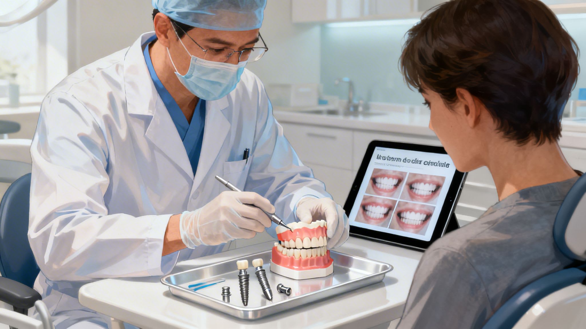 A dentist in a mask and gloves explains dental implants to a patient using a tooth model and a tablet with smile examples.