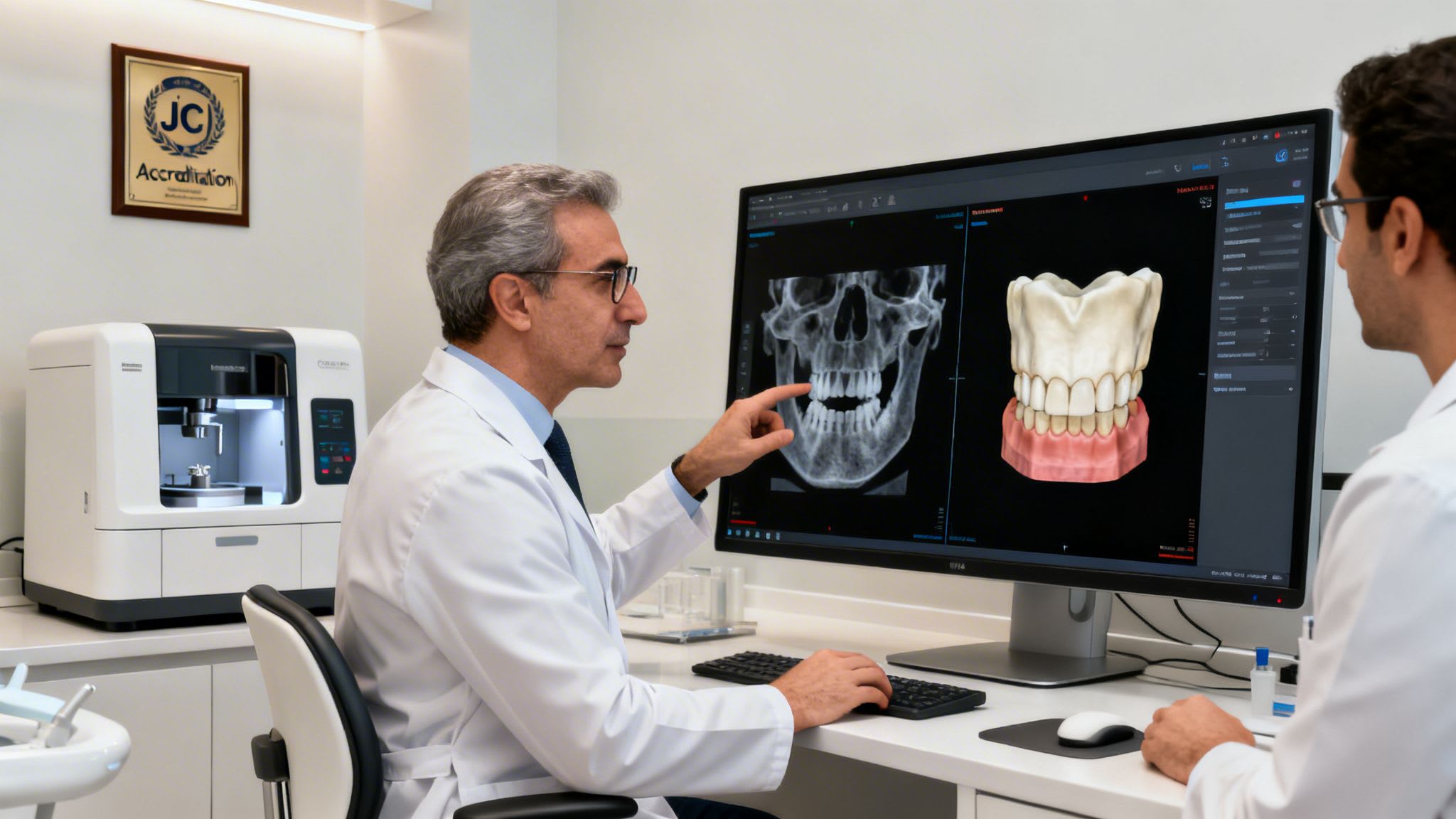 Dentists examining a skull X-ray and 3D dental model on a large monitor in a modern clinic.