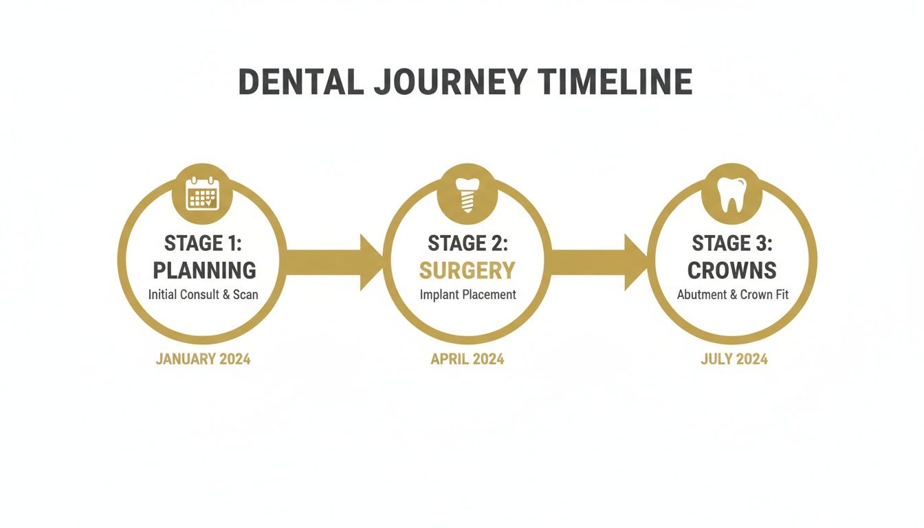 A dental journey timeline with three stages: Planning, Surgery, and Crowns, spanning January to July 2024.