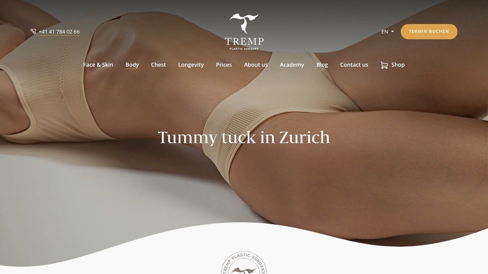 A tummy tuck before and after photo from a Swiss clinic, showing a side view of the patient's abdomen and waist.
