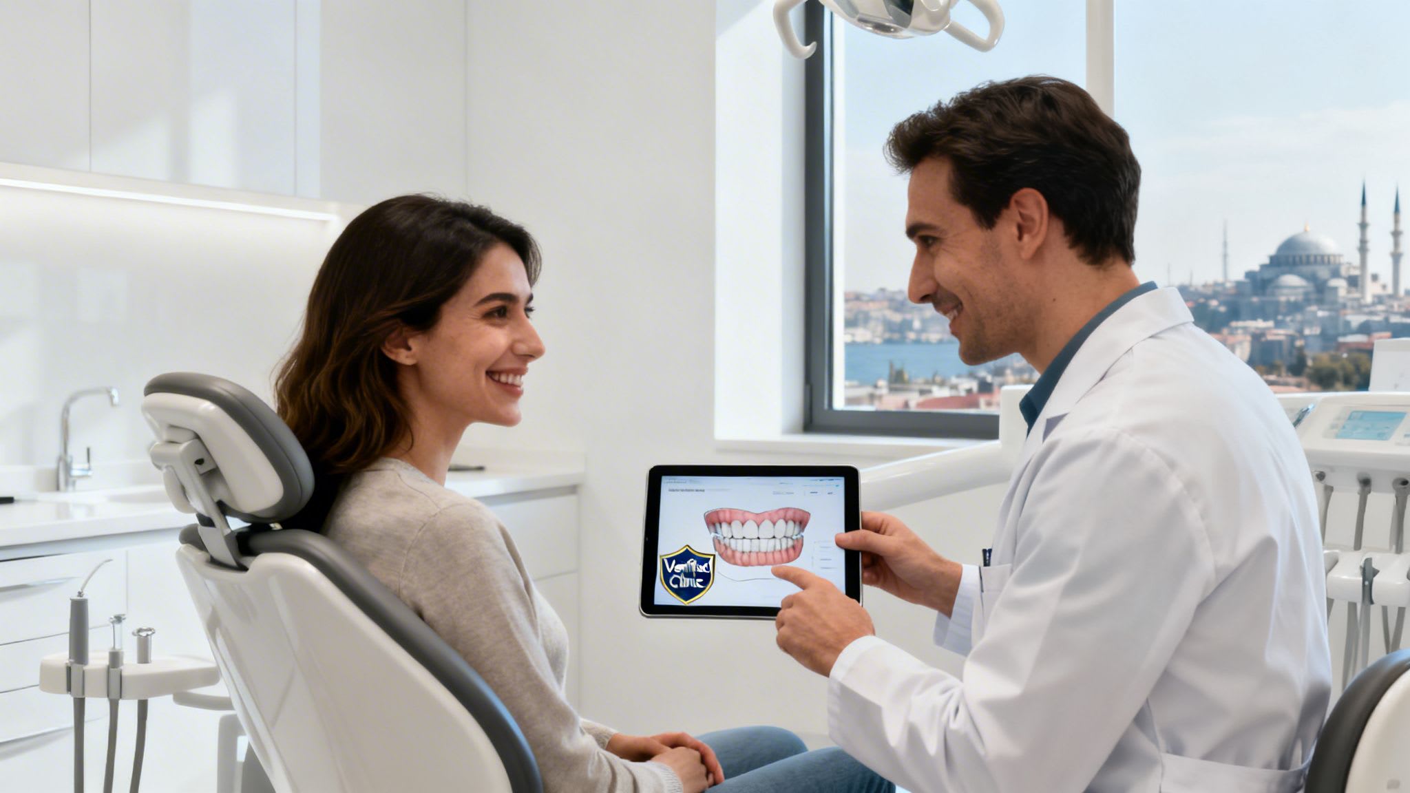 A smiling female patient consults with a male dentist showing a digital dental treatment plan on a tablet.