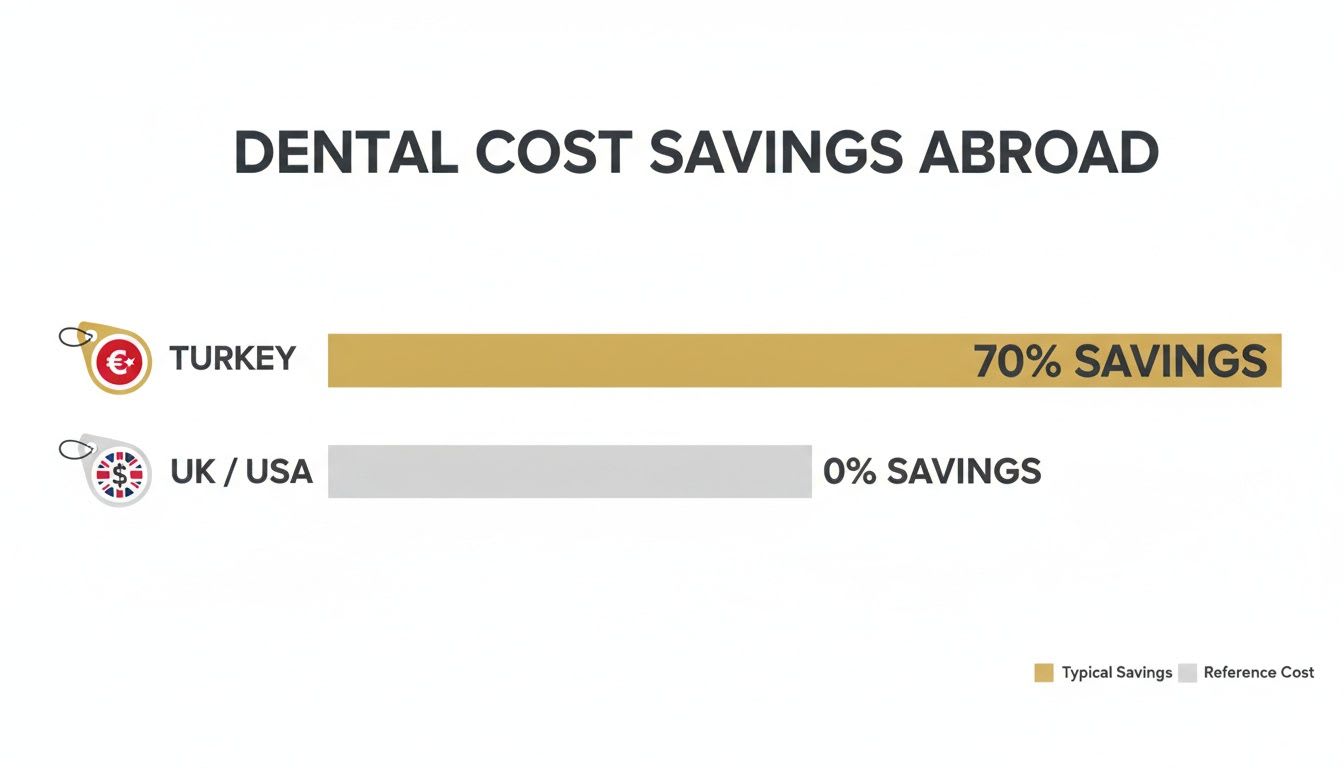 A bar chart illustrating significant dental cost savings abroad, showing Turkey offers 70% savings compared to UK/USA's 0%.