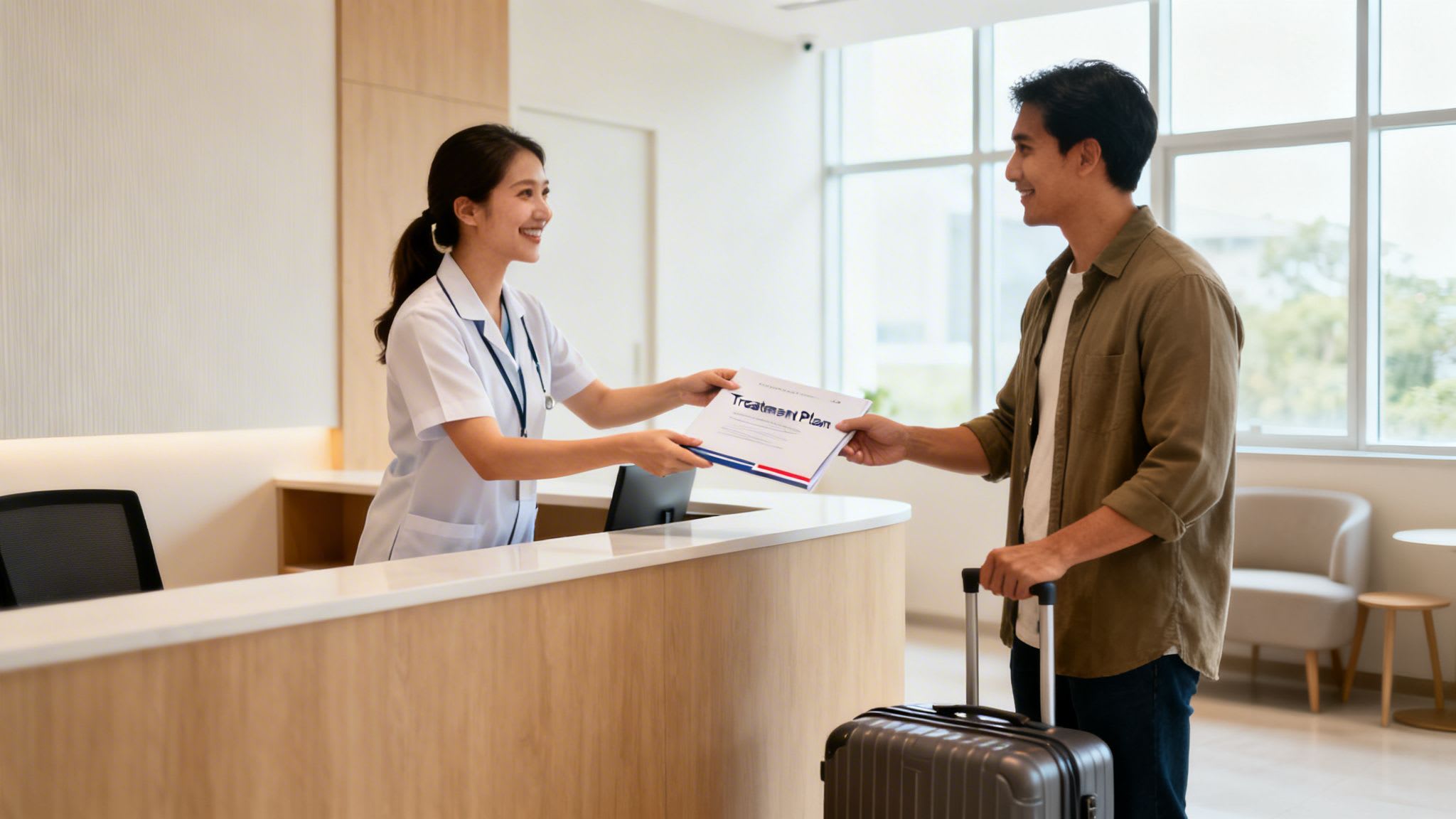 Smiling healthcare worker gives treatment plan document to male patient at clinic reception.