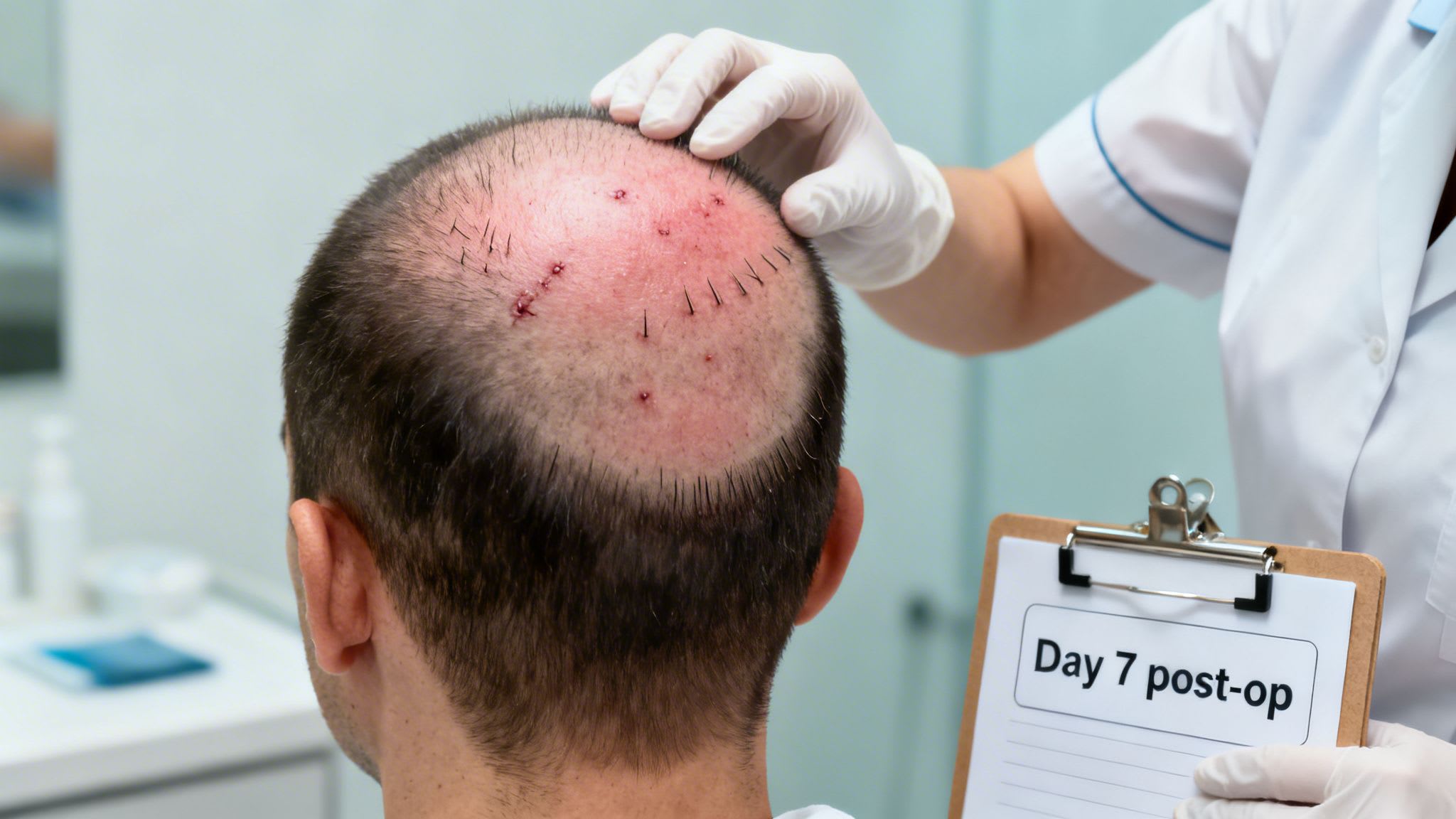 Man's scalp Day 7 post-op hair transplant, showing redness and visible grafts, examined by a medical professional.