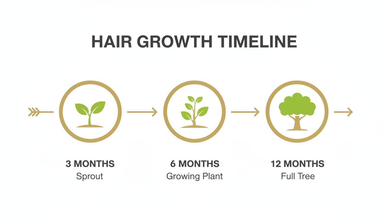 A hair growth timeline illustrating progression from sprout to full tree over 3, 6, and 12 months.