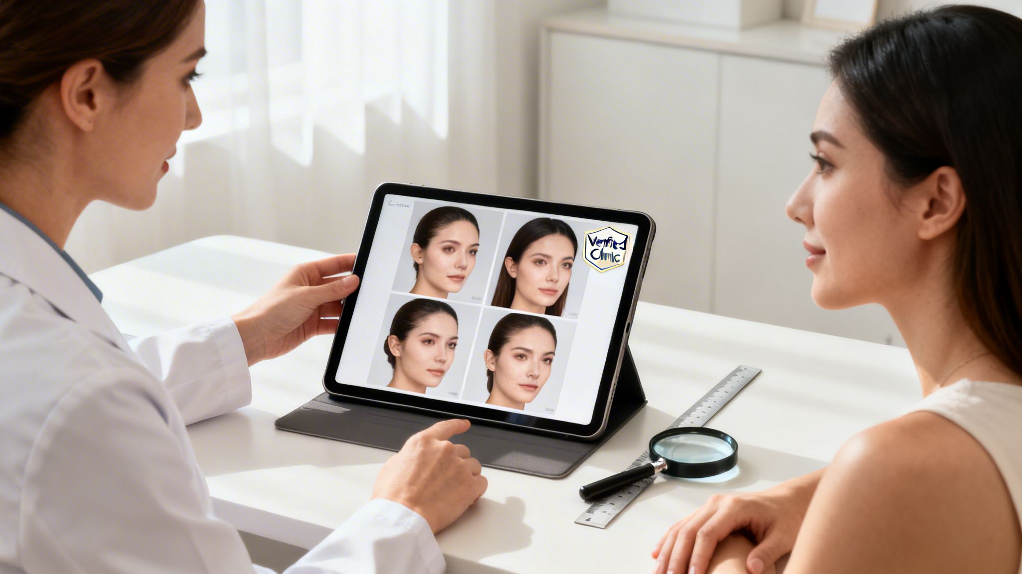Doctor and patient review facial transformation options on a tablet in a modern clinic setting.