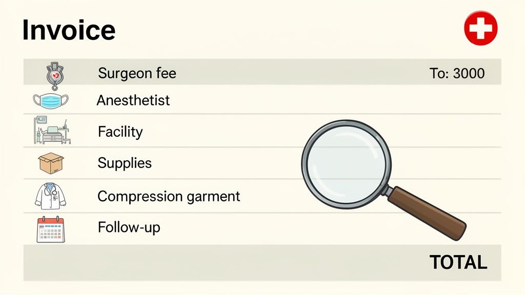 Fattura che dettaglia i costi delle procedure mediche per un chirurgo, anestesista, struttura, forniture e follow-up.