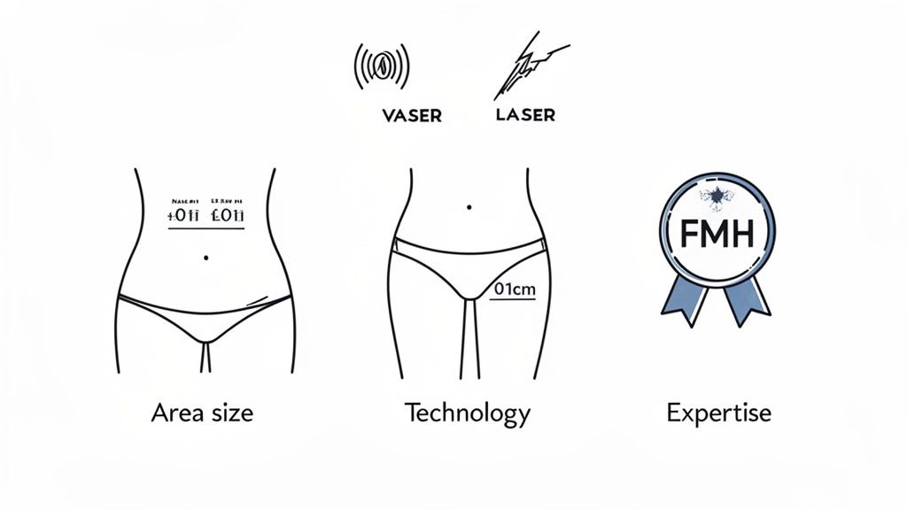 Diagramma che illustra i fattori nella liposuzione: dimensione dell'area, tecnologia VASER e laser, e competenza medica.