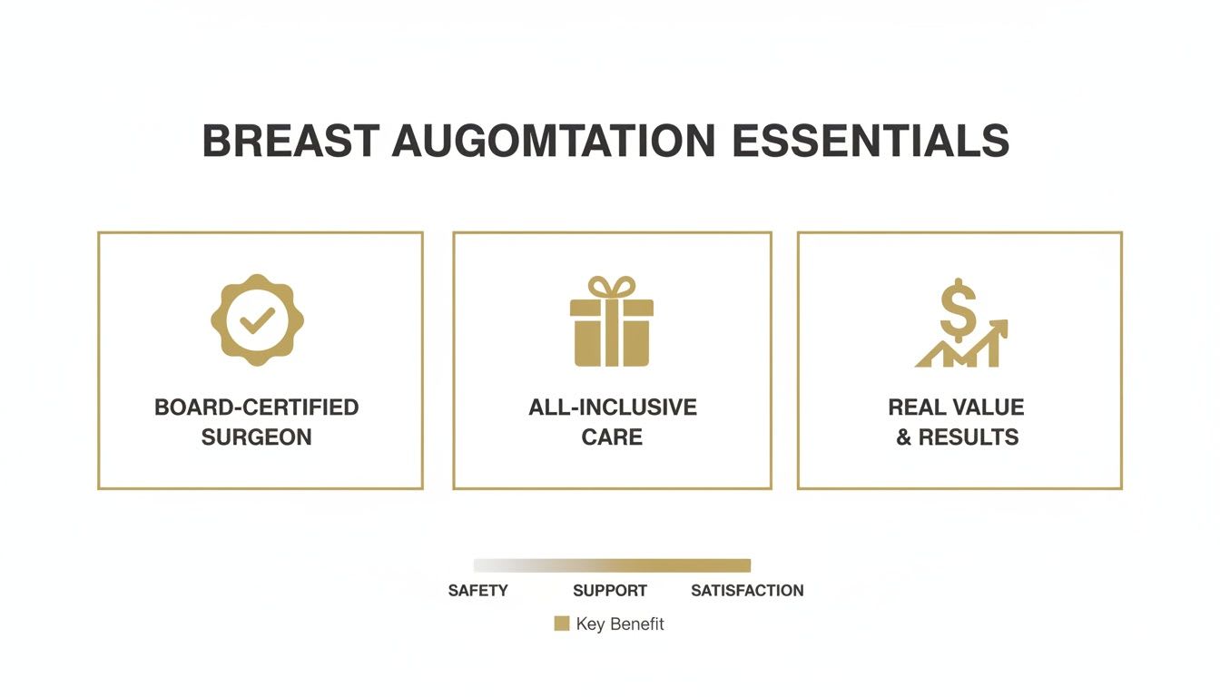 Breast augmentation essentials featuring board-certified surgeon, all-inclusive care, and real value with results.
