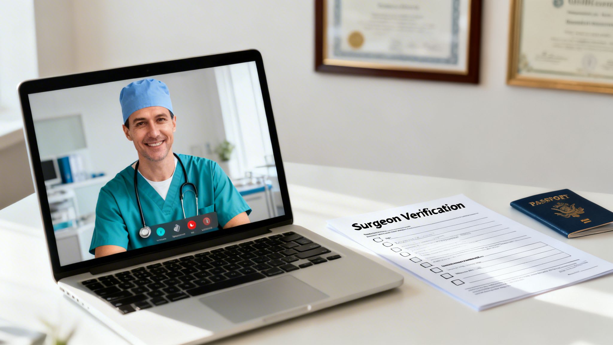 A laptop displays a smiling surgeon on a video call, with a verification form and a passport nearby.