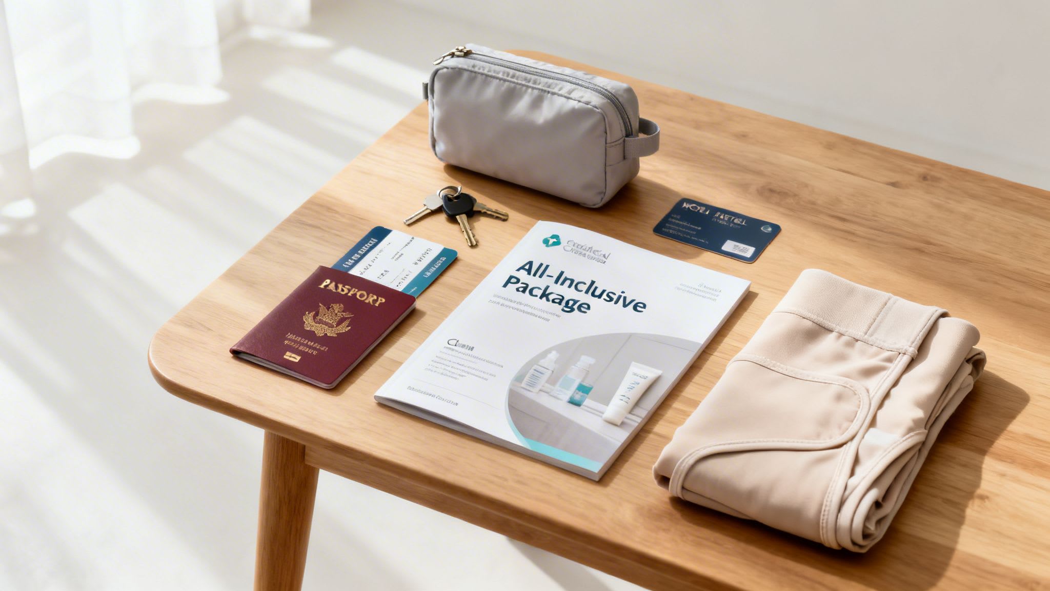 Travel documents, keys, cosmetic bag, and 'All-Inclusive Package' brochure for a medical trip.