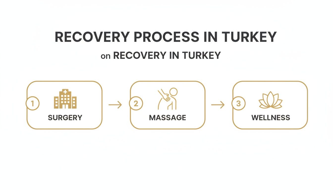 A diagram outlining the three-step recovery process in Turkey: surgery, massage, and wellness services.