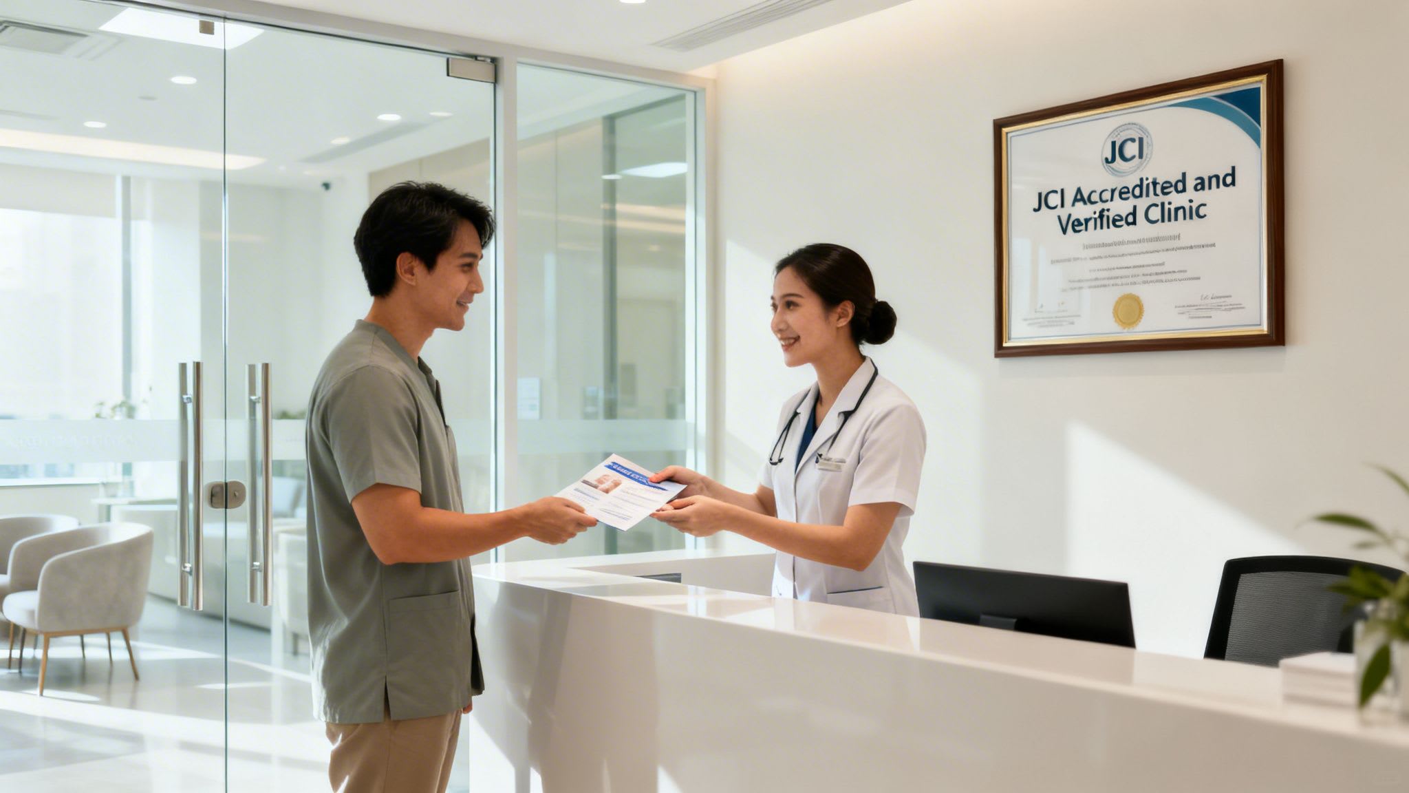 A smiling nurse hands documents to a male patient at a modern clinic reception desk.