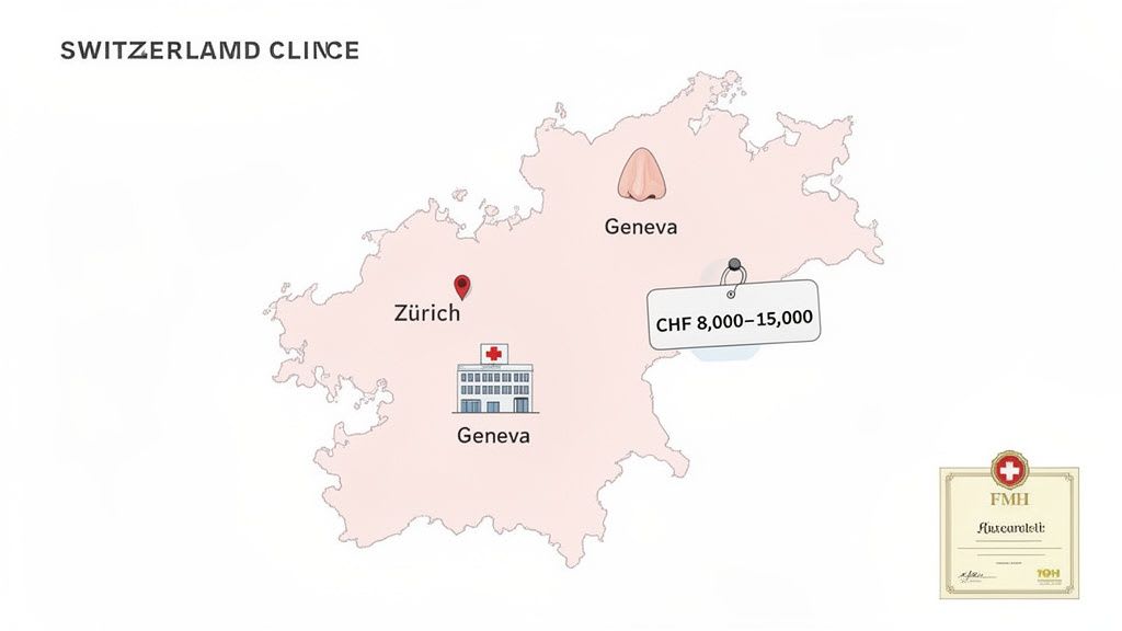 Carte de la Suisse montrant Zürich et Genève, détaillant les coûts de la chirurgie du nez entre CHF 8,000 et 15,000.