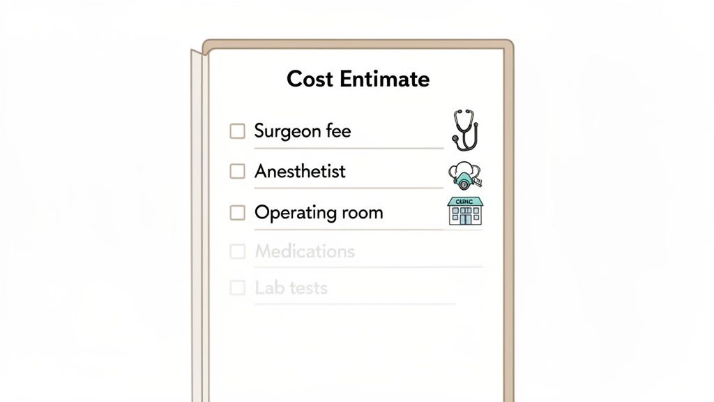 Une liste détaillée d'estimation des coûts médicaux montrant les frais pour le chirurgien, l'anesthésiste et la salle d'opération.