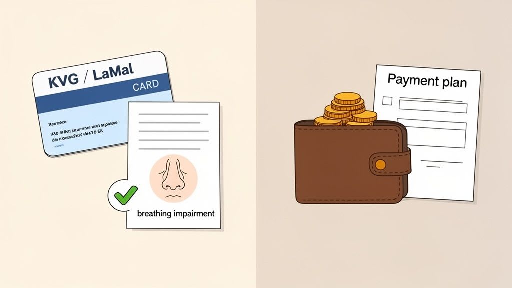 Coûts de santé pour une déficience respiratoire : une carte d'assurance, un document médical, un portefeuille avec de l'argent et un plan de paiement.