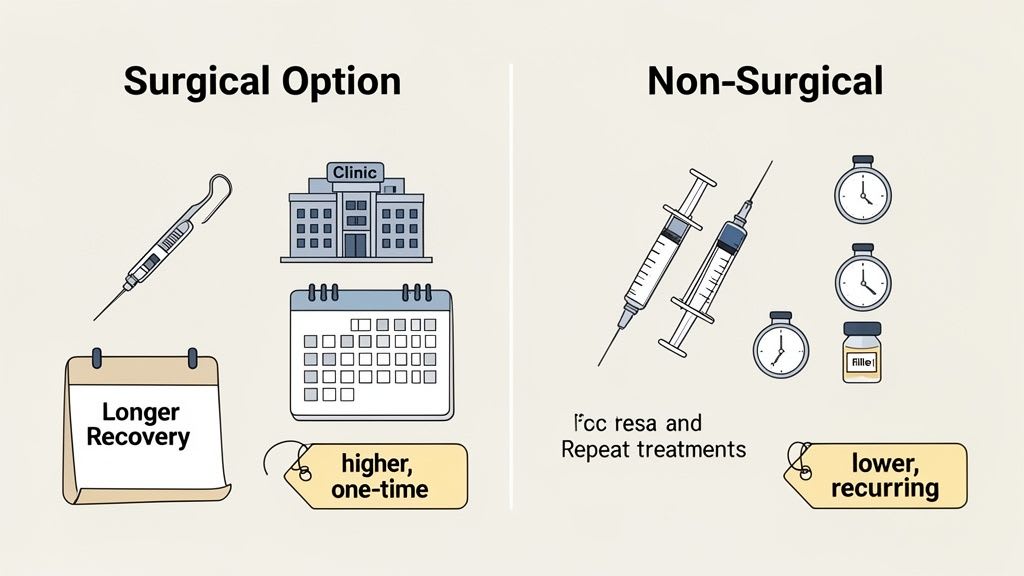 Infographie comparant les options de traitement médical chirurgicales et non chirurgicales, mettant en évidence la récupération, le coût et la fréquence des traitements.