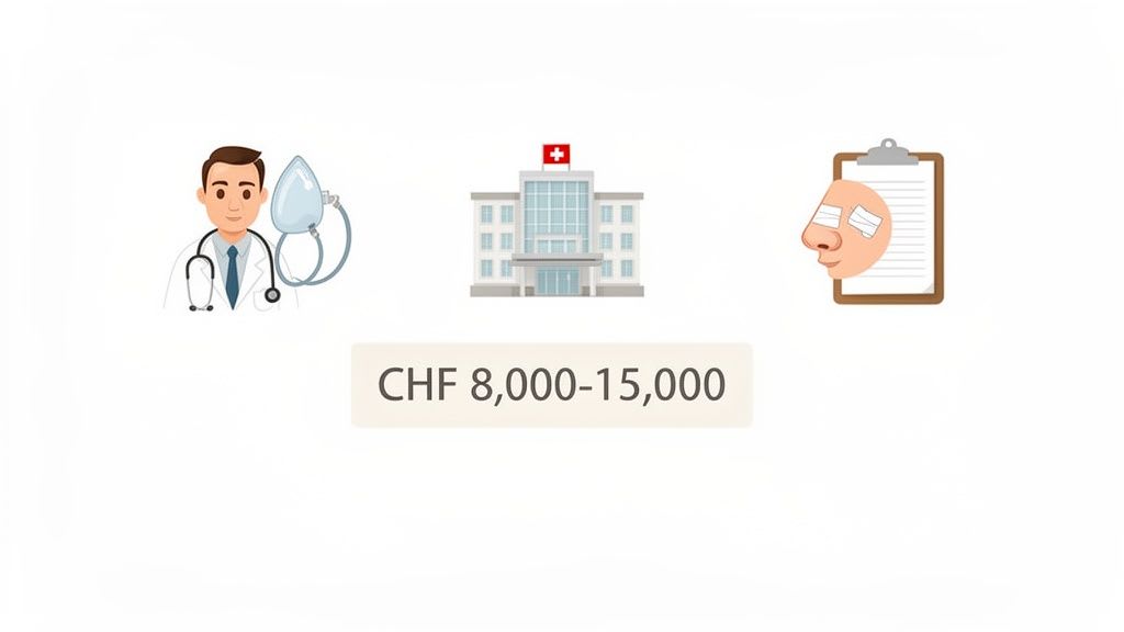 Illustrates the estimated cost of a rhinoplasty surgery in Switzerland, featuring a doctor, hospital, and patient's bandaged nose.