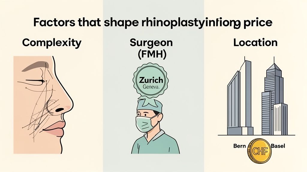 Infographic detailing key factors influencing rhinoplasty surgery cost: complexity, surgeon's expertise, and location in Switzerland.