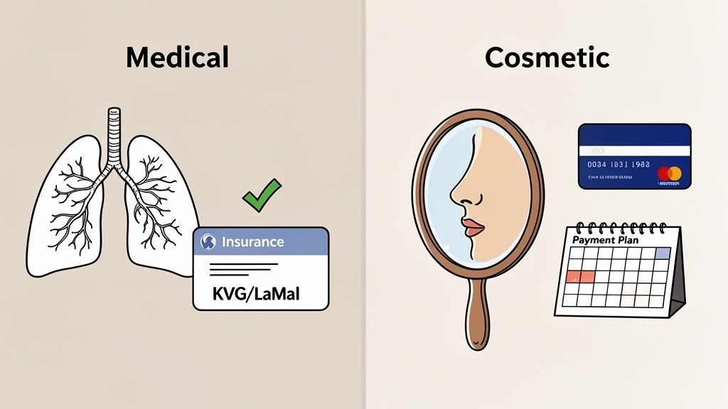 Illustration comparing medical procedures (lungs, insurance coverage) with cosmetic procedures (face, credit card, payment plan).