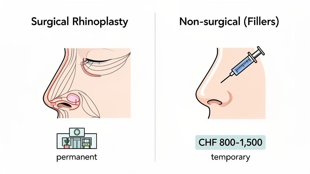 Illustration comparing surgical rhinoplasty (permanent) with non-surgical nose fillers (temporary, CHF 800-1,500).