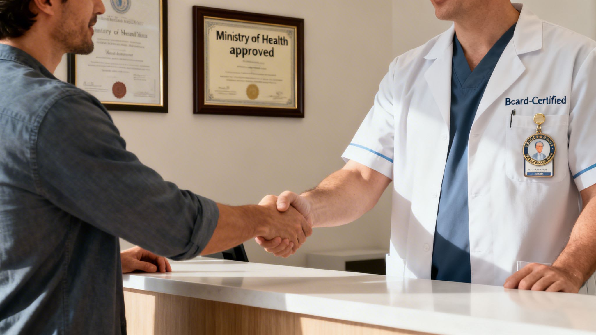 A doctor in a white lab coat shakes hands with a patient at a counter, with framed certifications on the wall including 'Ministry of Health approved'.