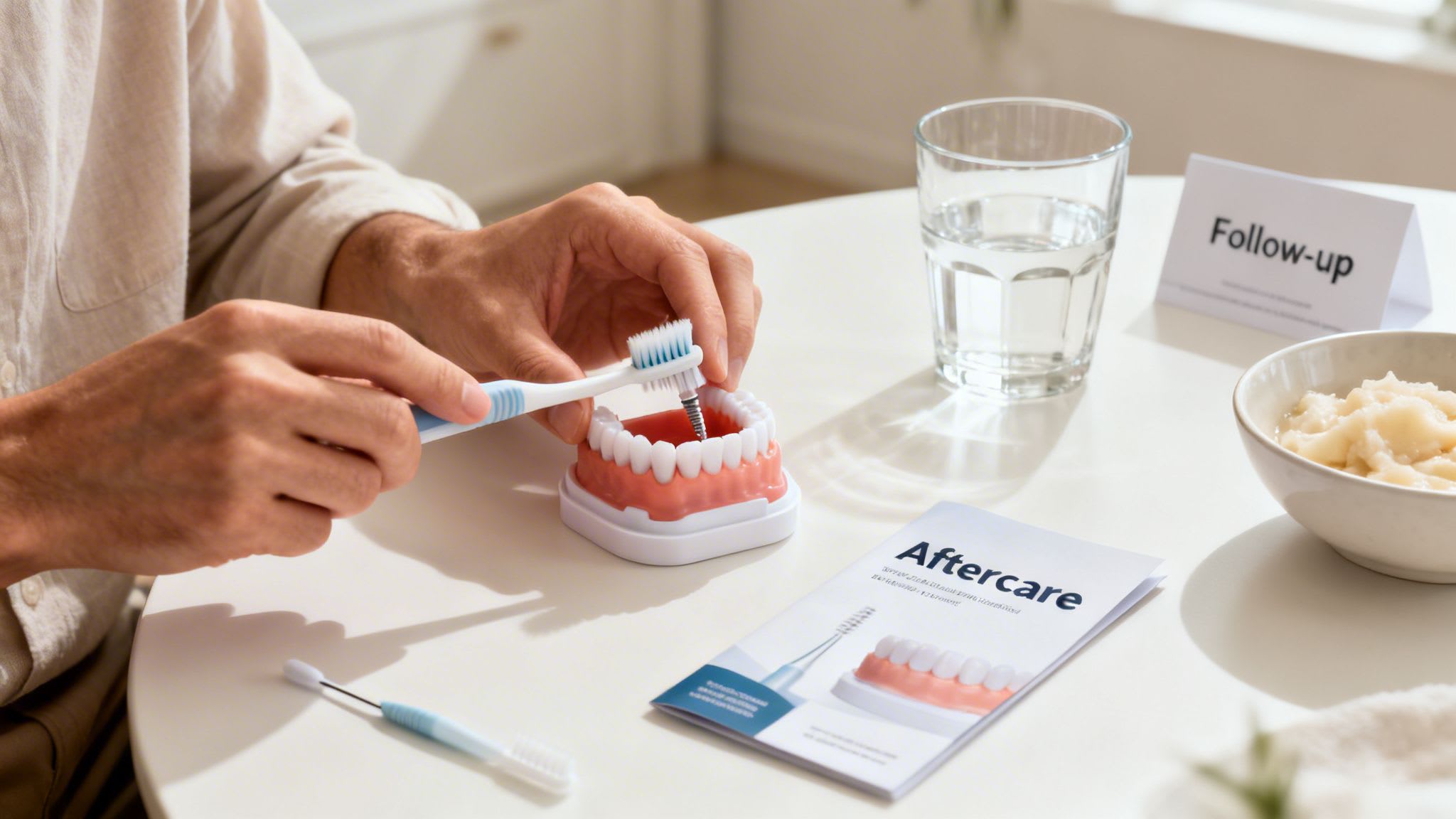 Person demonstrating proper brushing of a dental implant model, with aftercare instructions and soft food.