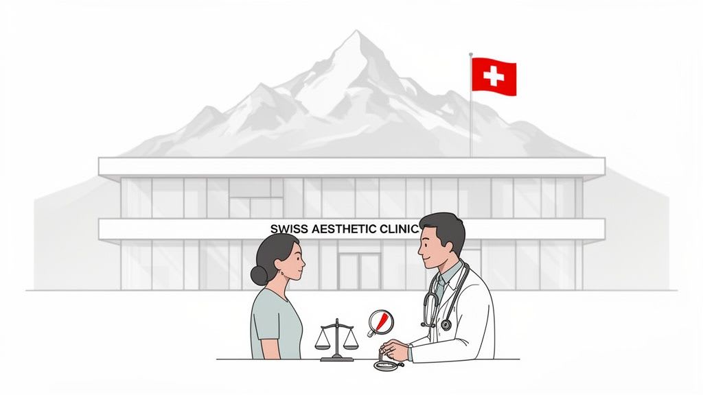 Un medico e un paziente sono mostrati davanti a una clinica estetica svizzera, con montagne e una bandiera svizzera.